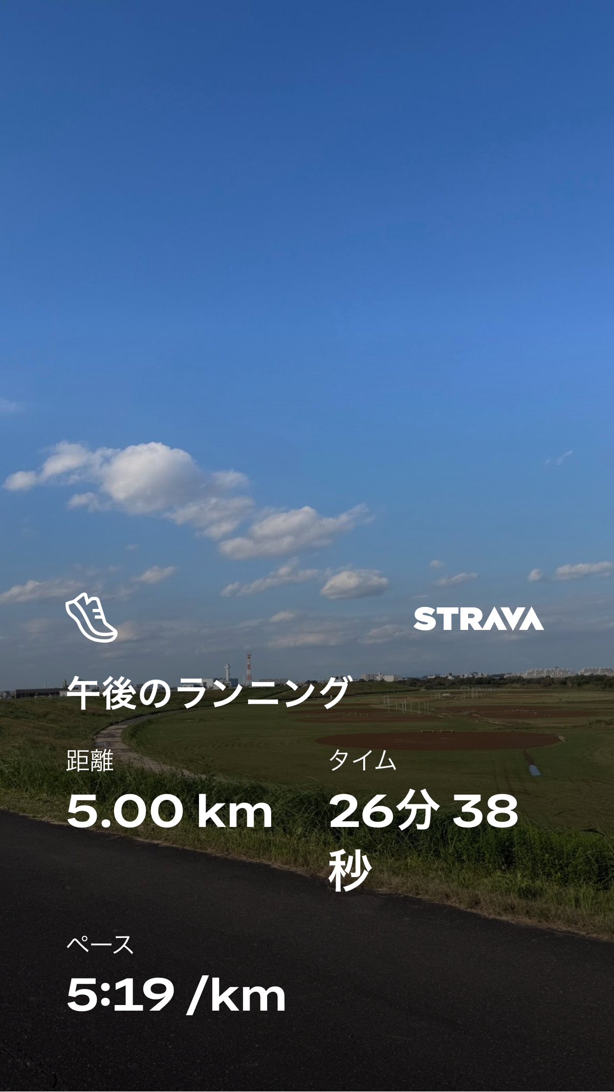 Strava 5.00km / 26分38秒 / 5:19/km
