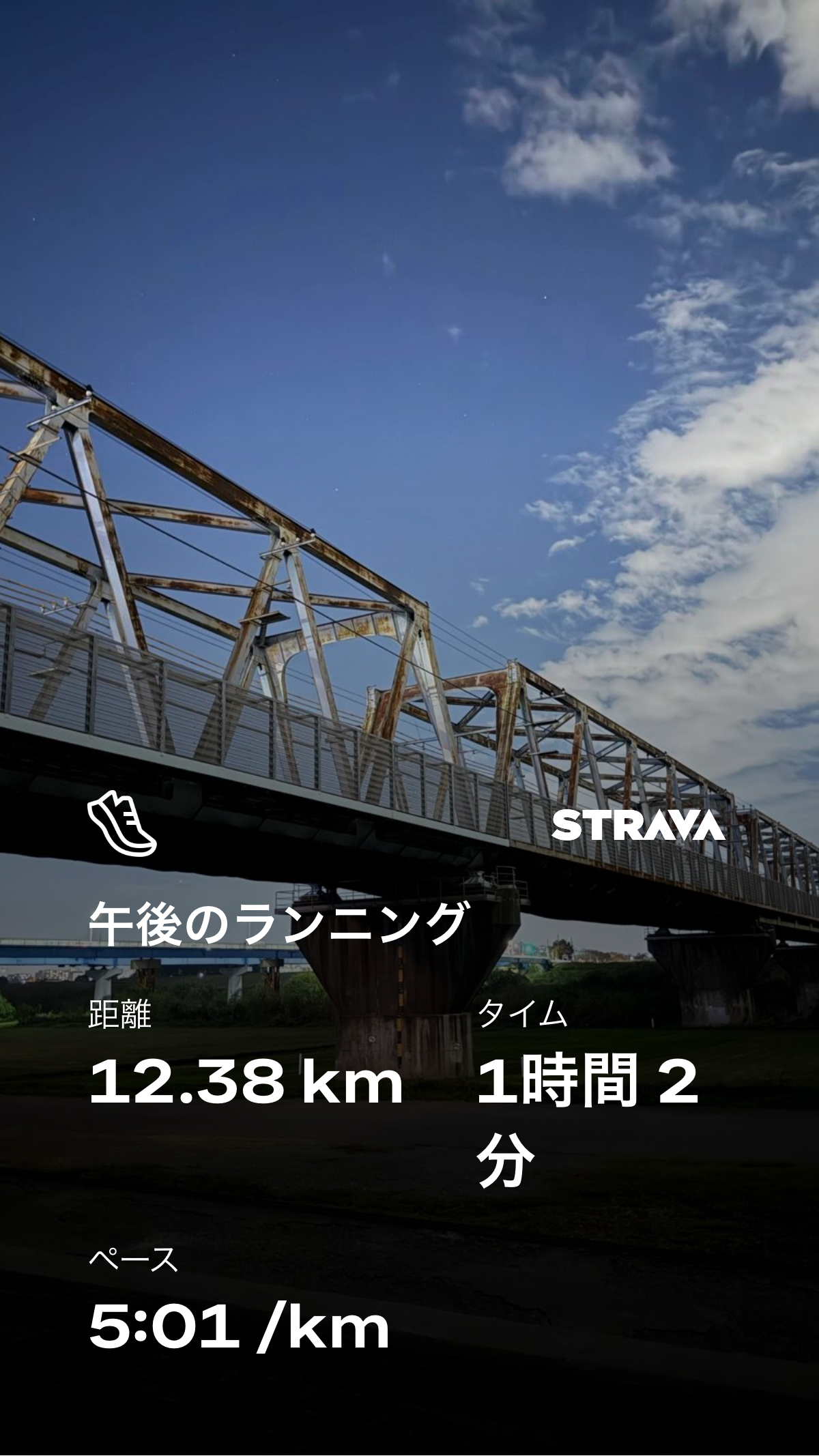 Stravaの記録: 12.38km / 1時間2分 / 5:01/km